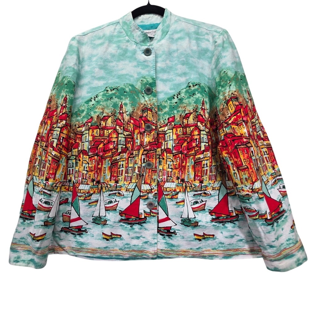 Coldwater Creek Womens M Linen Blend Coastal Harbor Sailboat Art Jacket Teal